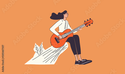 Flat Minimalist Vector of Person Playing Guitar, Relaxation and Music Concept