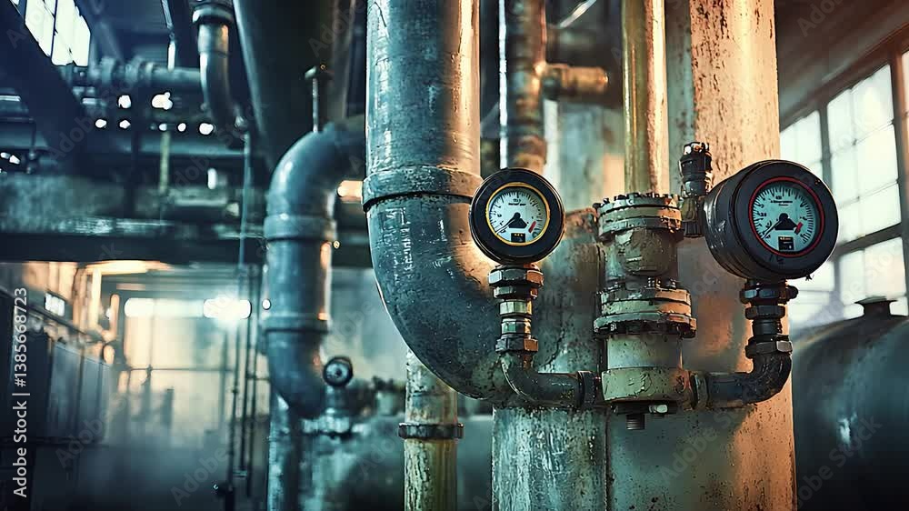 Close-up of Industrial Pipes with Pressure Gauges in an Aged Factory Environment

