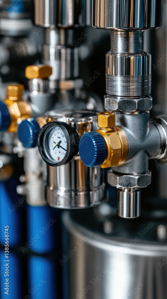 Close-up view of a pressure regulator showcasing metallic components and measurement gauges in a manufacturing environment, highlighting essential machinery functionality Close-up view of a pressure regulator showcasing metallic components and measurement gauges in a manufacturing environment, highlighting essential machinery functionality
