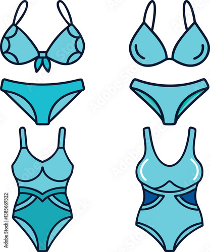 Teal Swimwear Vector Set: Bikinis and One-Piece Suits Illustration