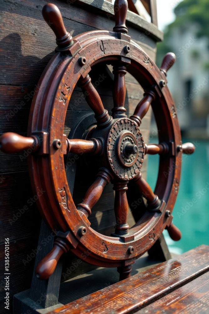Fototapeta premium Weathered wooden ship wheel , boat parts, vintage nautical elements