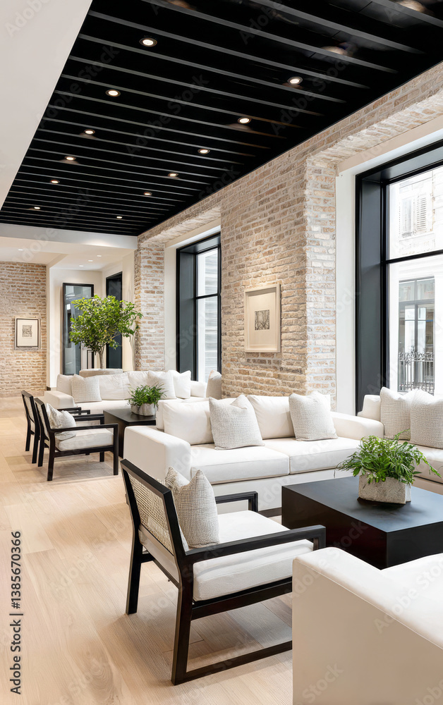 Fototapeta premium Modern lounge with contemporary decor and natural light in urban setting