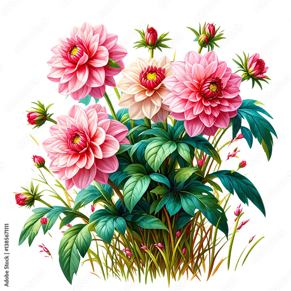 Obraz premium a vintage botanical illustration depicts a lush bouquet of pink and cream dahlia flowers with detailed foliage and budding blooms against a plain white background.