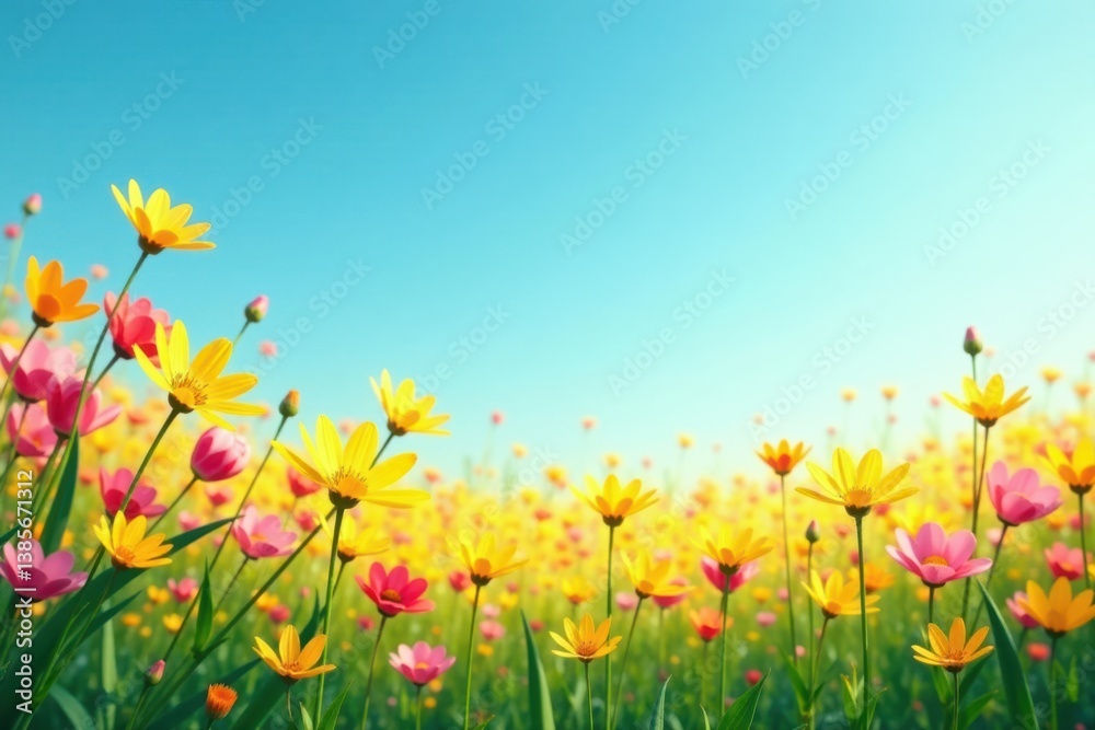 Obraz premium Yellow and pink flowers blooming in a field with a blue sky gradient, garden, beautiful