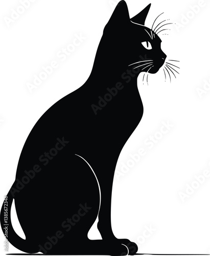 Black Silhouette of a Sitting Cat with Upright Tail and Detailed Facial Features