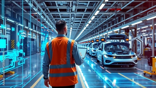 Engineer Monitoring Smart Factory Automation with Digital Robotics, Futuristic Car Manufacturing Plant with AI-Powered Robotics, Industry 4.0 Engineer in High-Tech Automated Production Facility