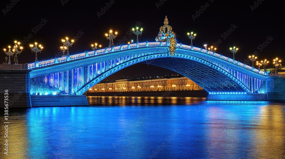 Naklejka premium Illuminated bridge over a river at night