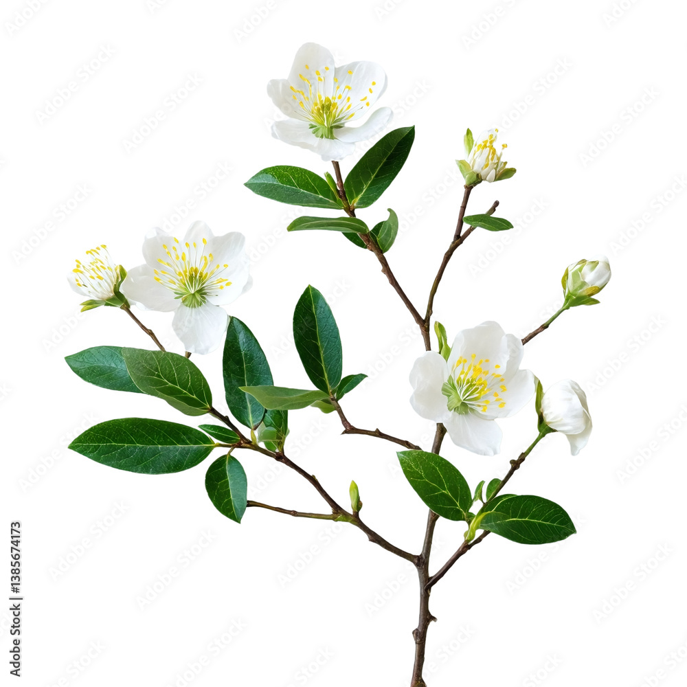Obraz premium a delicate branch of hawthorn blossoms and lush green leaves is isolated on a clean white background.