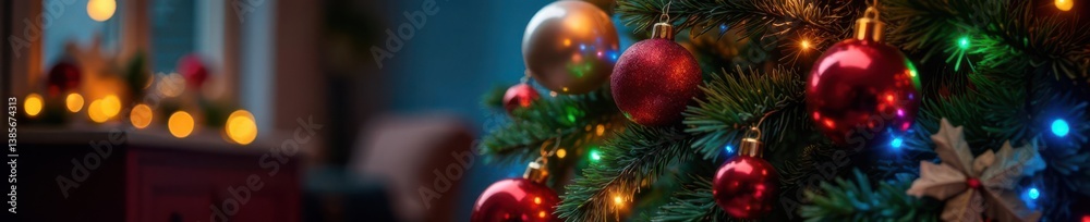 Christmas tree lit with colorful LED lights, surrounded by ornaments and garlands , festive, christmas tree Christmas tree lit with colorful LED lights, surrounded by ornaments and garlands , festive, christmas tree