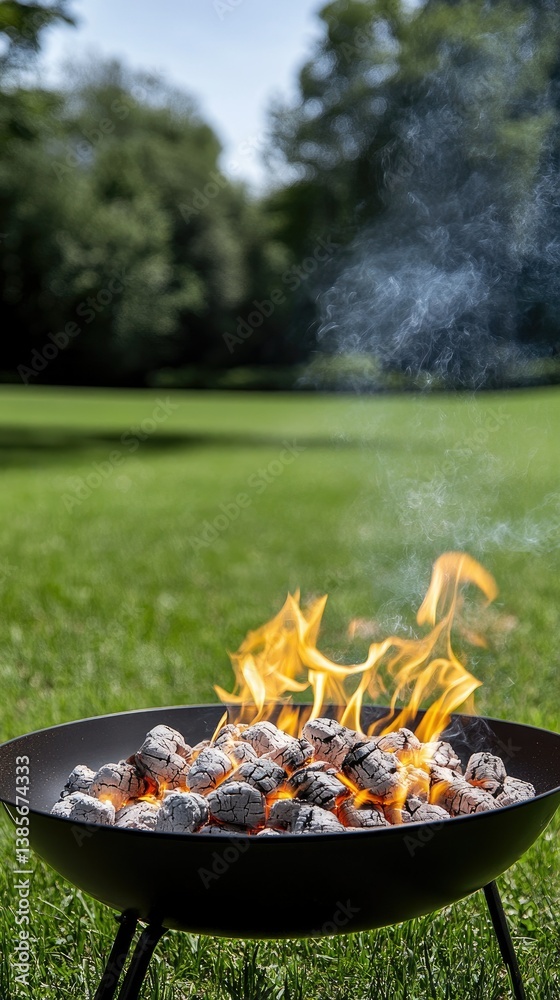 Bright flames and glowing coals ignite in a grill set on lush green grass, creating an inviting atmosphere for outdoor cooking and gathering on a sunny day. Bright flames and glowing coals ignite in a grill set on lush green grass, creating an inviting atmosphere for outdoor cooking and gathering on a sunny day.