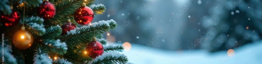 Evergreen tree against snow covered background with twinkling lights and ornaments, evergreen, winter wonderland, christmas tree Evergreen tree against snow covered background with twinkling lights and ornaments, evergreen, winter wonderland, christmas tree
