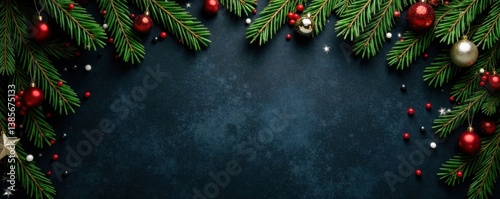 Fir branches arranged in a festive Christmas display on dark grey shale background , wreath, foliage, fir