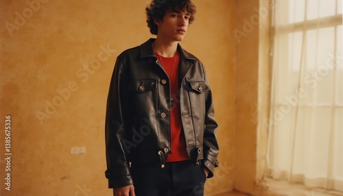 Stylish Young Man In Leather Jacket Posing Indoors Against Textured Wall With Window