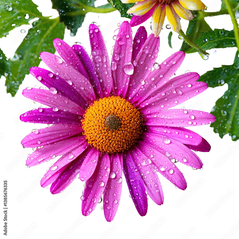 Fototapeta premium a close-up photograph showcases a vibrant purple daisy adorned with glistening water droplets against a stark white background.