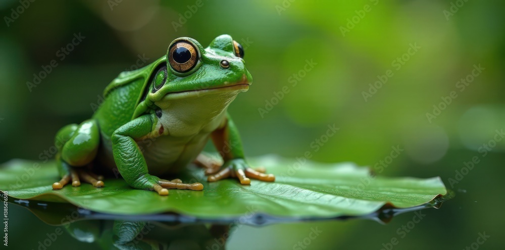 Naklejka premium Frog sitting on a lily pad, calm, green