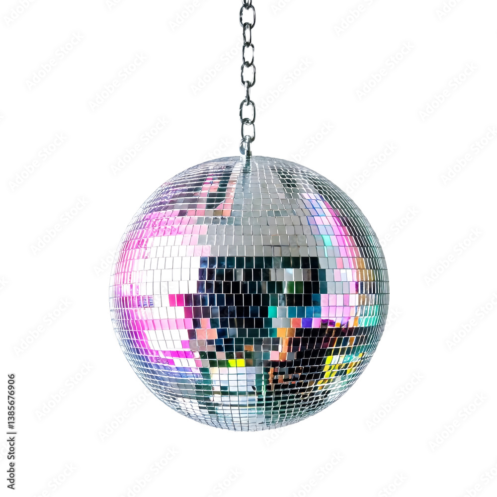 Obraz premium a classic disco ball hangs from a silver chain against a plain white background, reflecting a distorted image of a person.