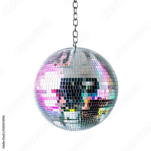 a classic disco ball hangs from a silver chain against a plain white background, reflecting a distorted image of a person.