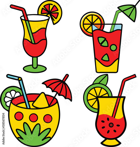 Assorted Tropical Drinks Vector Set: Colorful Summer Cocktails