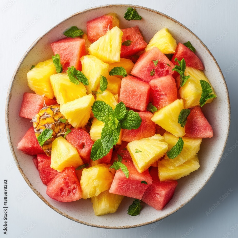 A fresh fruit salad with watermelon, blueberries, and mint. Featuring refreshment and color A fresh fruit salad with watermelon, blueberries, and mint. Featuring refreshment and color