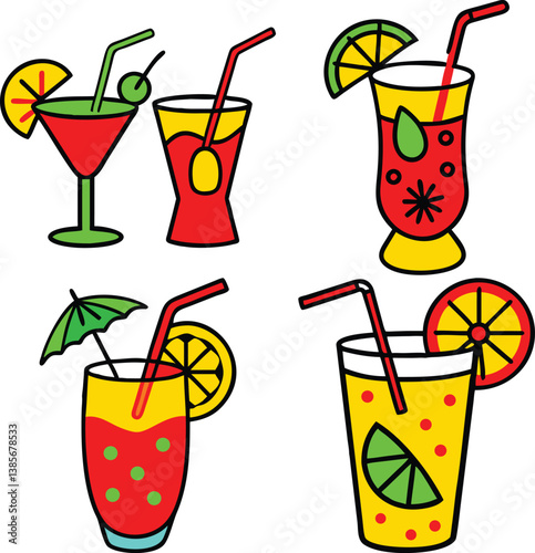 Colorful Summer Cocktails Vector Set with Straws and Garnishes