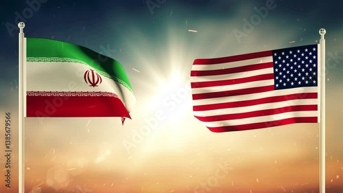 United states and Iranian Flags Waving Against Each Other. 3D Animation with Textured Detail.