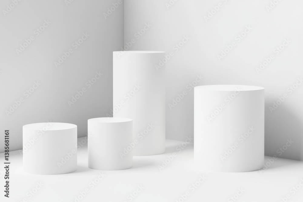 White cylinder display podiums in corner room White cylinder display podiums in corner room