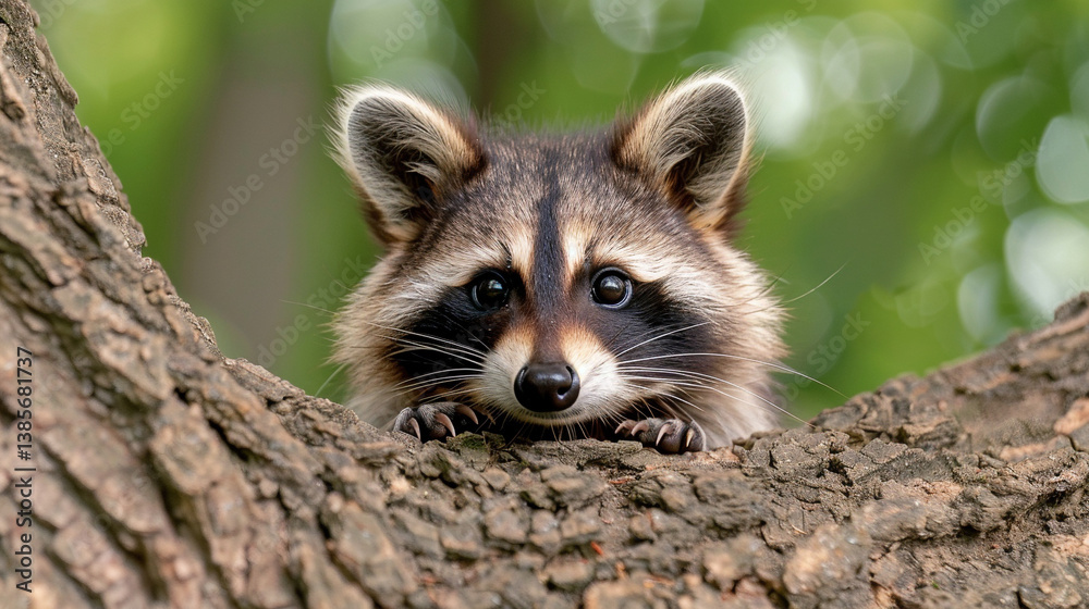Obraz premium Inquisitive Raccoon Face Emerging from Woodland Tree