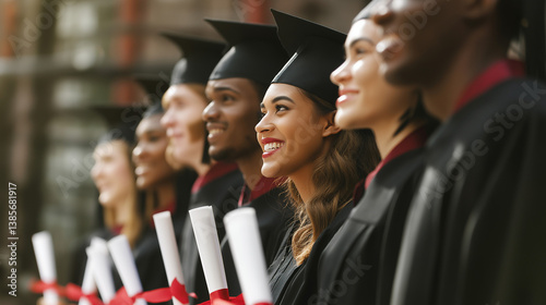 Happy diverse group of young graduates in academic caps and gowns smiling and holding diplomas outdoors during graduation ceremony with university background, education and achievement