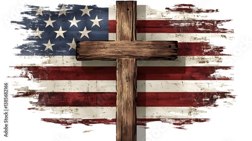 American Wooden Cross with Flag Background Symbolizing Patriotism and Honor