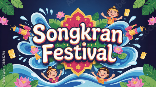 Vibrant 3D poster celebrating Songkran festival with happy children joyfully splashing and playing water during holiday