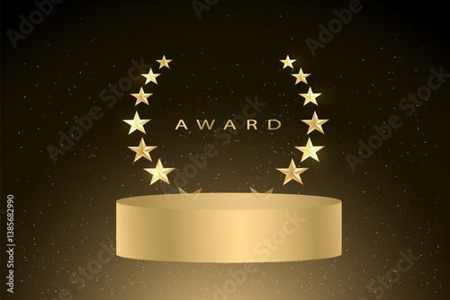 Gold or yellow award podium with light laurel wreath on a black background. Set of various golden and luxurious laurel wreaths. 3D realistic vector illustration. Eps 10
