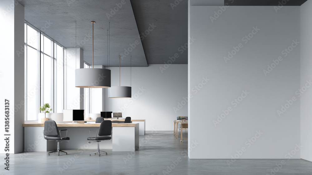 Fototapeta premium A modern office space with gray chairs and desks under hanging lamps near large windows and white walls