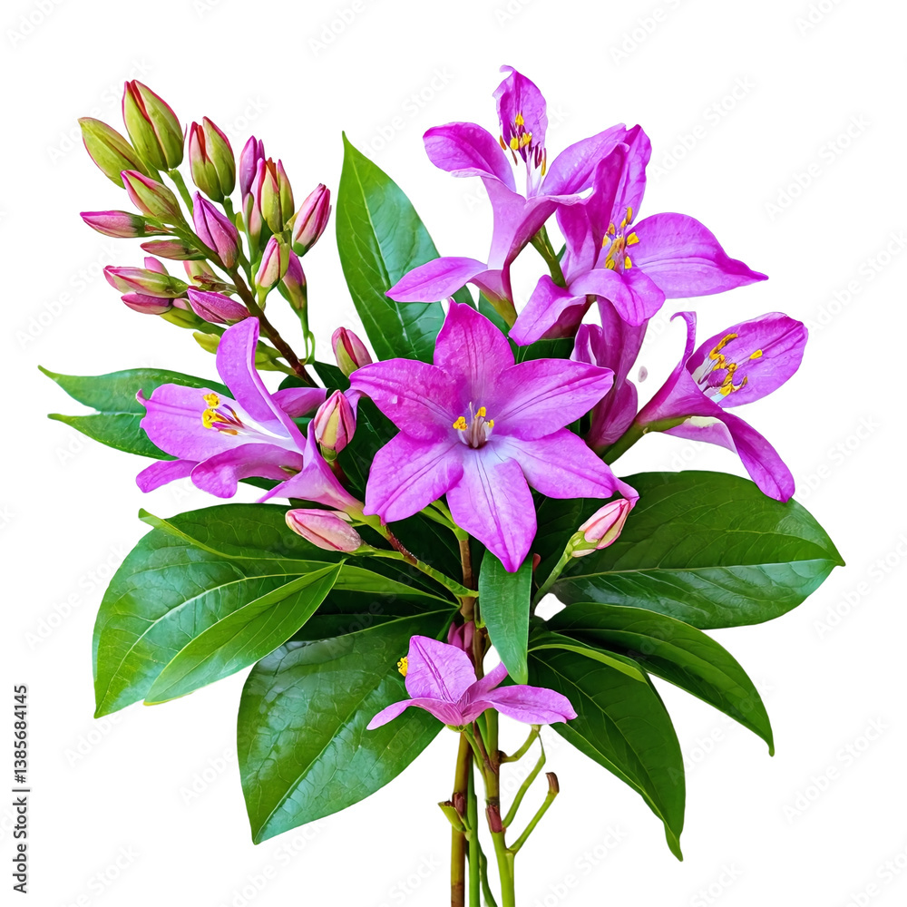 a vibrant cluster of purple tabernaemontana divaricata flowers and glossy green leaves is beautifully displayed against a white background. a vibrant cluster of purple tabernaemontana divaricata flowers and glossy green leaves is beautifully displayed against a white background.