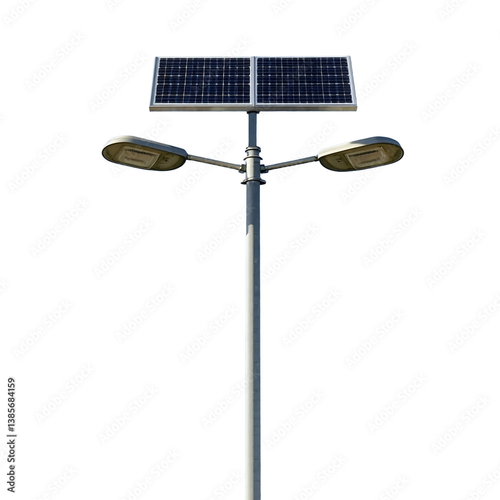 a tall, modern solar-powered street light with two lamps stands against a plain white background. a tall, modern solar-powered street light with two lamps stands against a plain white background.