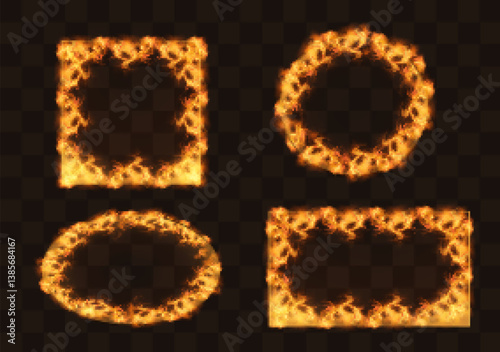 Geometric hot frames with flames of fire. collection of shapes and figures with flaming fire. Realistic vector illustration