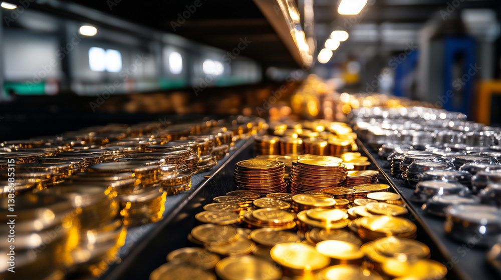 Metallic raw materials sorted in rows, featuring polished gold ingots, copper coils, and silver pellets under bright factory lighting