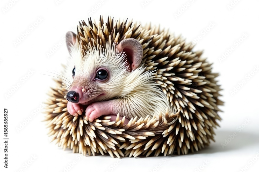 Obraz premium Tiny hedgehog curled in a ball, isolated on pure white background, fauna, profile, ball