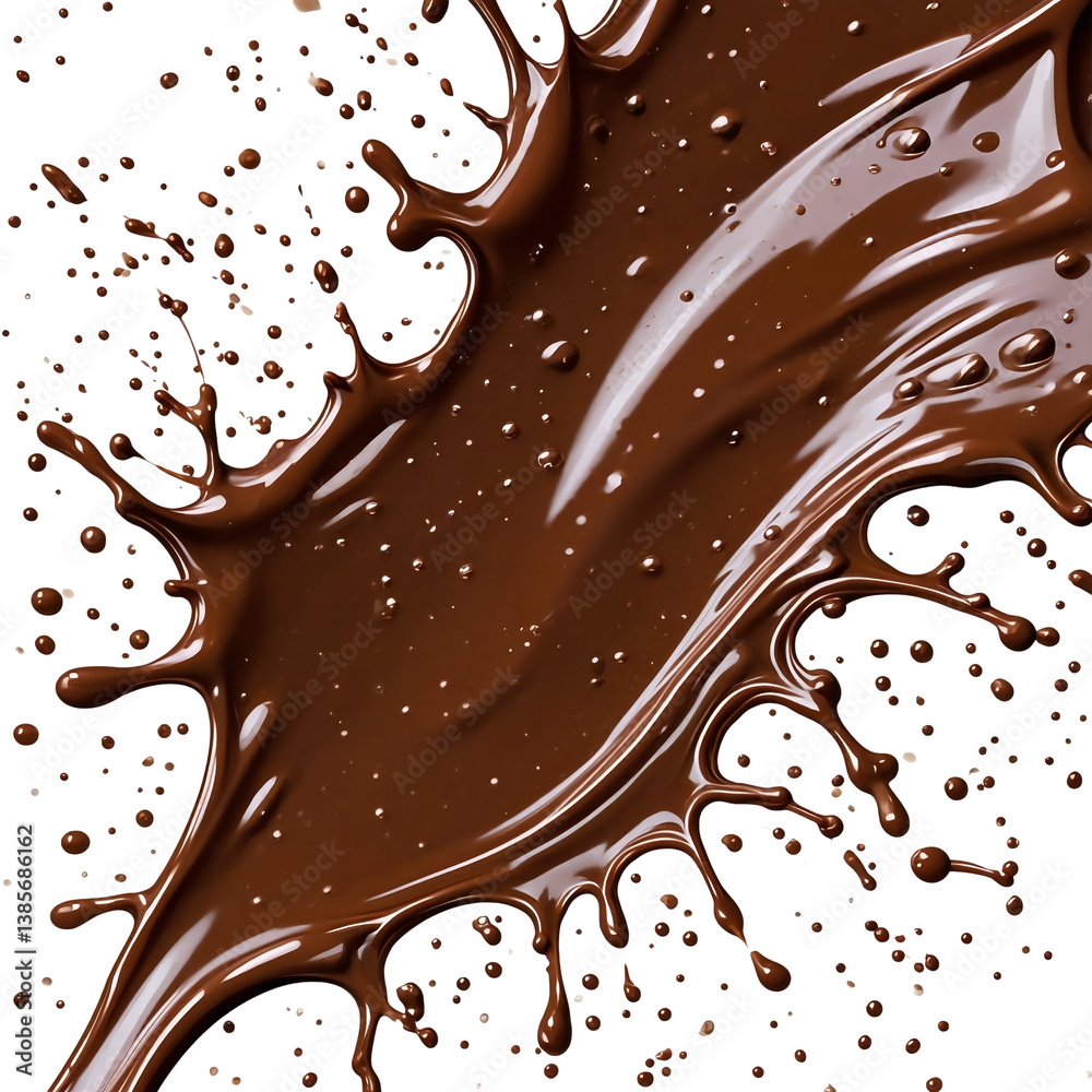 Fototapeta premium a close-up, overhead view of rich, dark chocolate sauce splattering and swirling across a clean white surface, creating a dynamic and decadent visual texture.