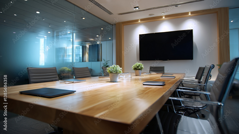 A conference room with a long wooden table surrounded by chairs and a large television screen on wall