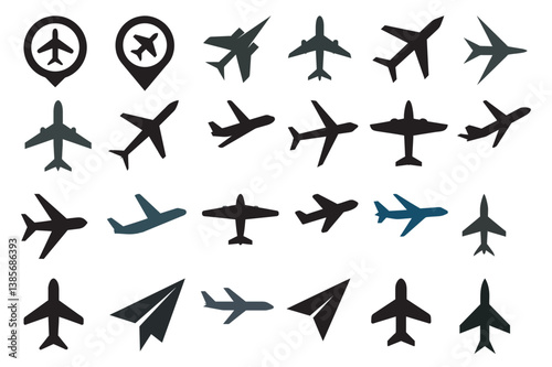 Airplane icon set vector on white background, Extensive Collection of Airplane Icons Diverse Designs for Travel, Aviation, and Transportation Projects, 
