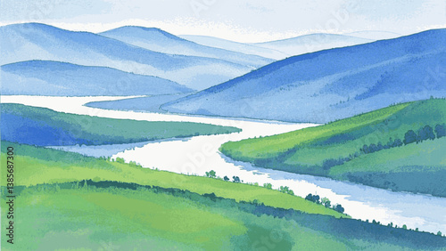 Gentle stream valley isolated watercolor vector illustration svg