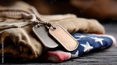 Memorial Day concept, Military dog tags resting on folded clothing with an American flag.