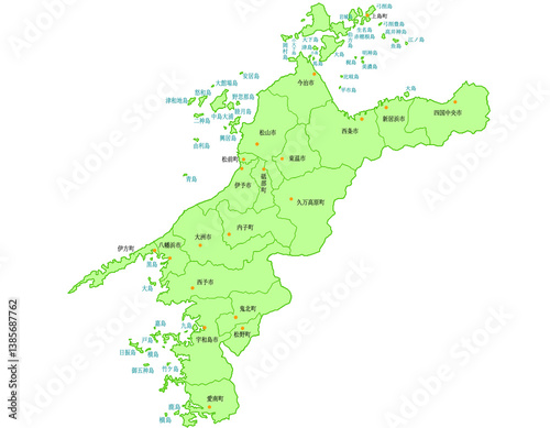 愛媛県　地図　黄緑　斑点　イラスト