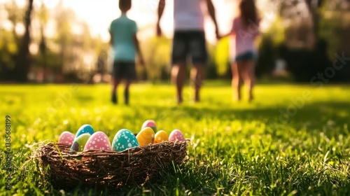 Family easter egg hunt: children running towards painted eggs in a nest