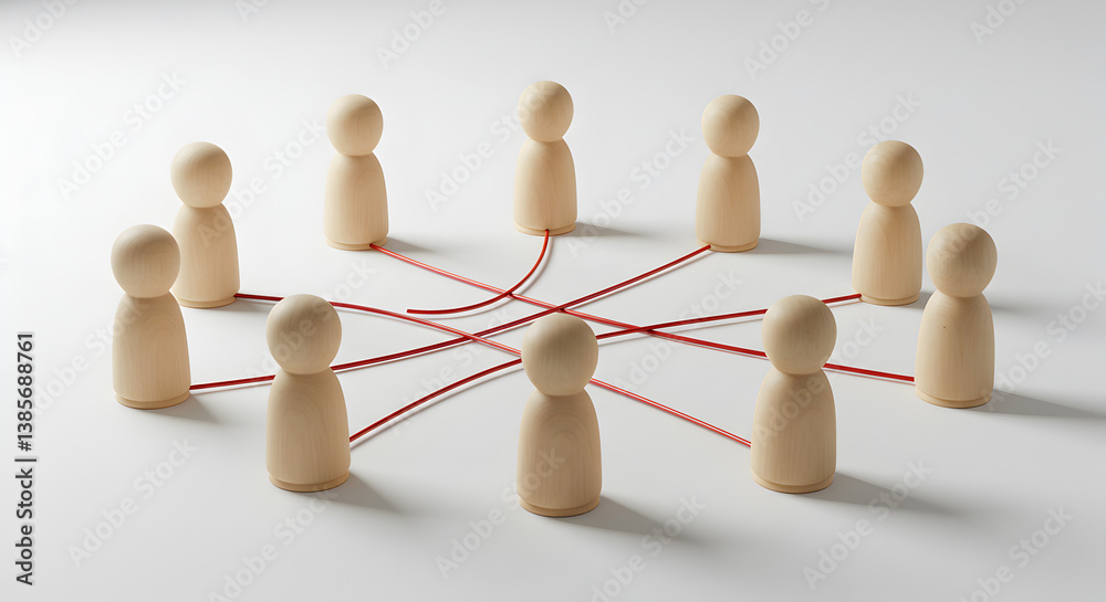 Obraz premium Network of Wooden Figures Connected by Red Threads on a White Surface Representing Teamwork