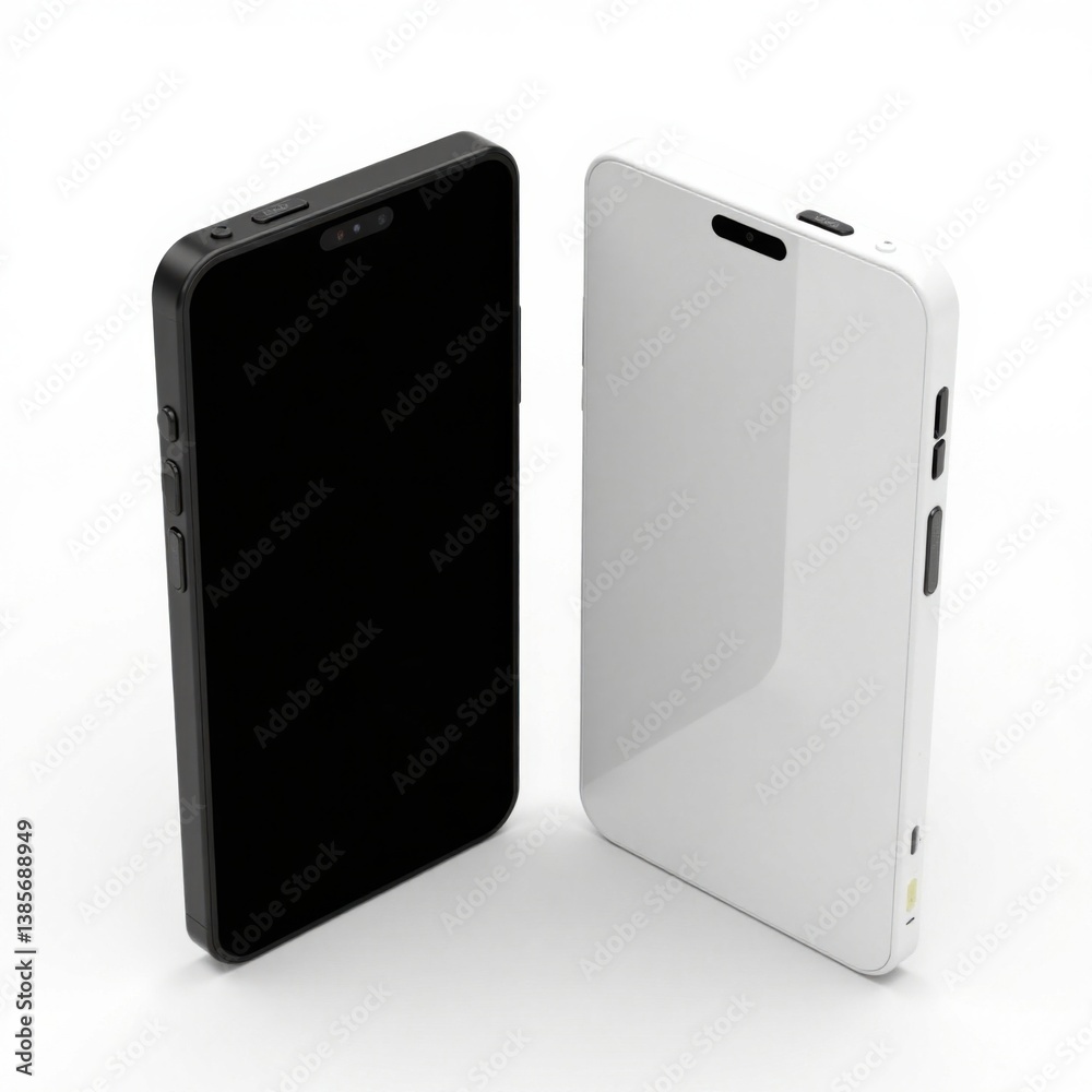 Sleek mobile phone duo in black and white with blank screens isolated on a bright white background, mobile phone, isolation, blank screen Sleek mobile phone duo in black and white with blank screens isolated on a bright white background, mobile phone, isolation, blank screen