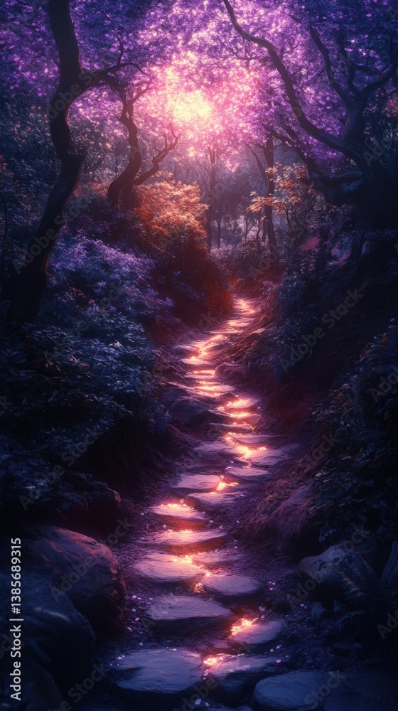 Fototapeta premium Enchanting Forest Path with Flowing Stream and Luminous Evening Sunlight - Tranquil Nature Photography Art
