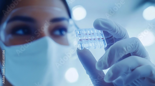A person holding a small microfluidic chip for rapid blood testing, visible microfluidic channels and sample droplet, clean medical lab background