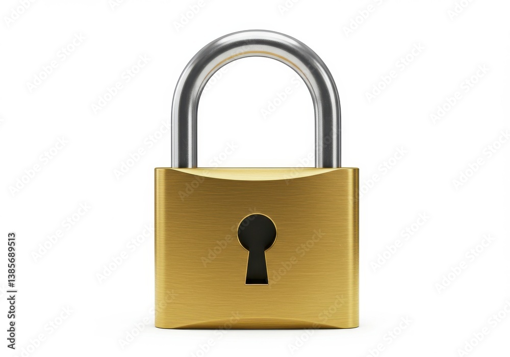 Naklejka premium Brass padlock closed lock security isolated white background