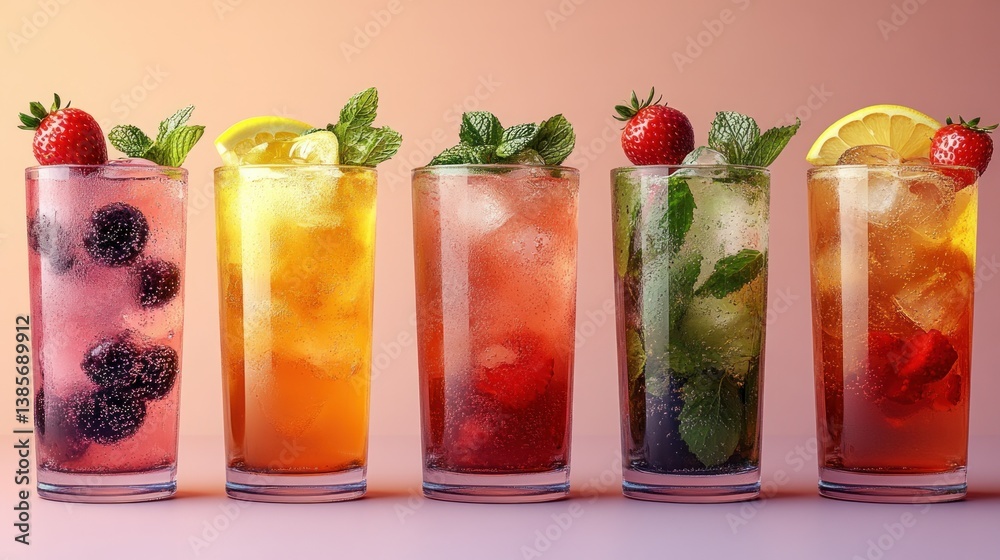 A variety of vibrant summertime beverages served with ice, such as strawberry cocktails, lemonades, and mojitos A variety of vibrant summertime beverages served with ice, such as strawberry cocktails, lemonades, and mojitos